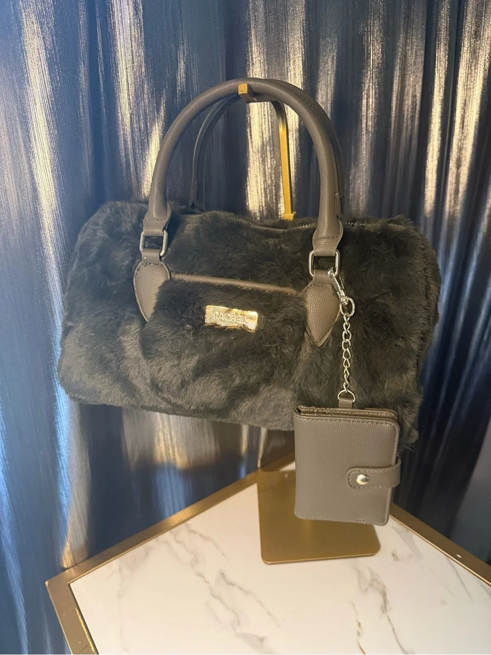 Faux Fur Satchel Handbag in olive green